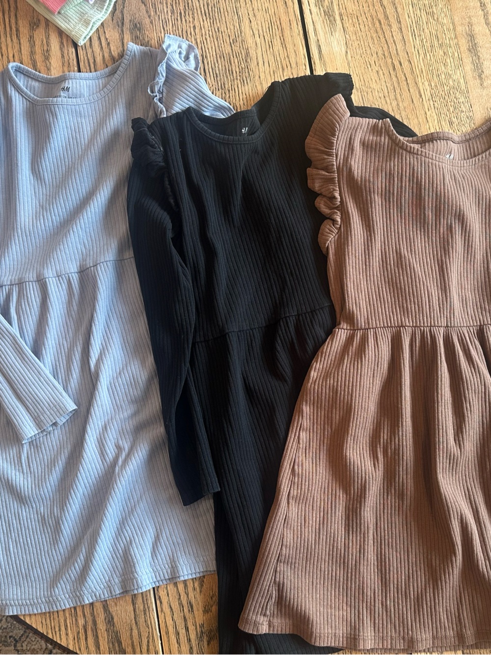 LOT OF 3 H&M Ribbed Ruffle Sleeve Children’s dresses - Light Blue, Black, Brown